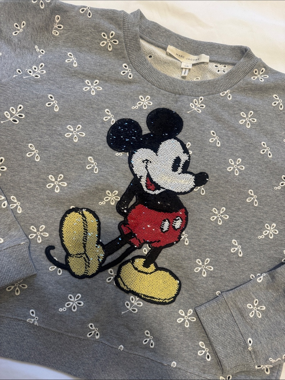 Marc Jacobs Grey Sequin Mickey Sweatshirt with Floral Eyelets